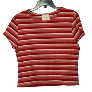 Reformation Red Pink Stripe Muse Ribbed Crop Short Sleeve Top - XLarge